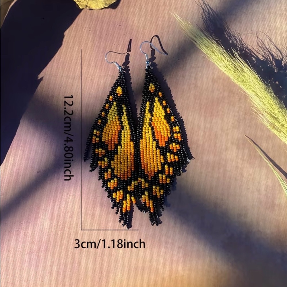 Monarch Butterfly Wing Beaded Fringe Earrings Boho Whimsigoth Statement Dangles - Picture 3 of 4
